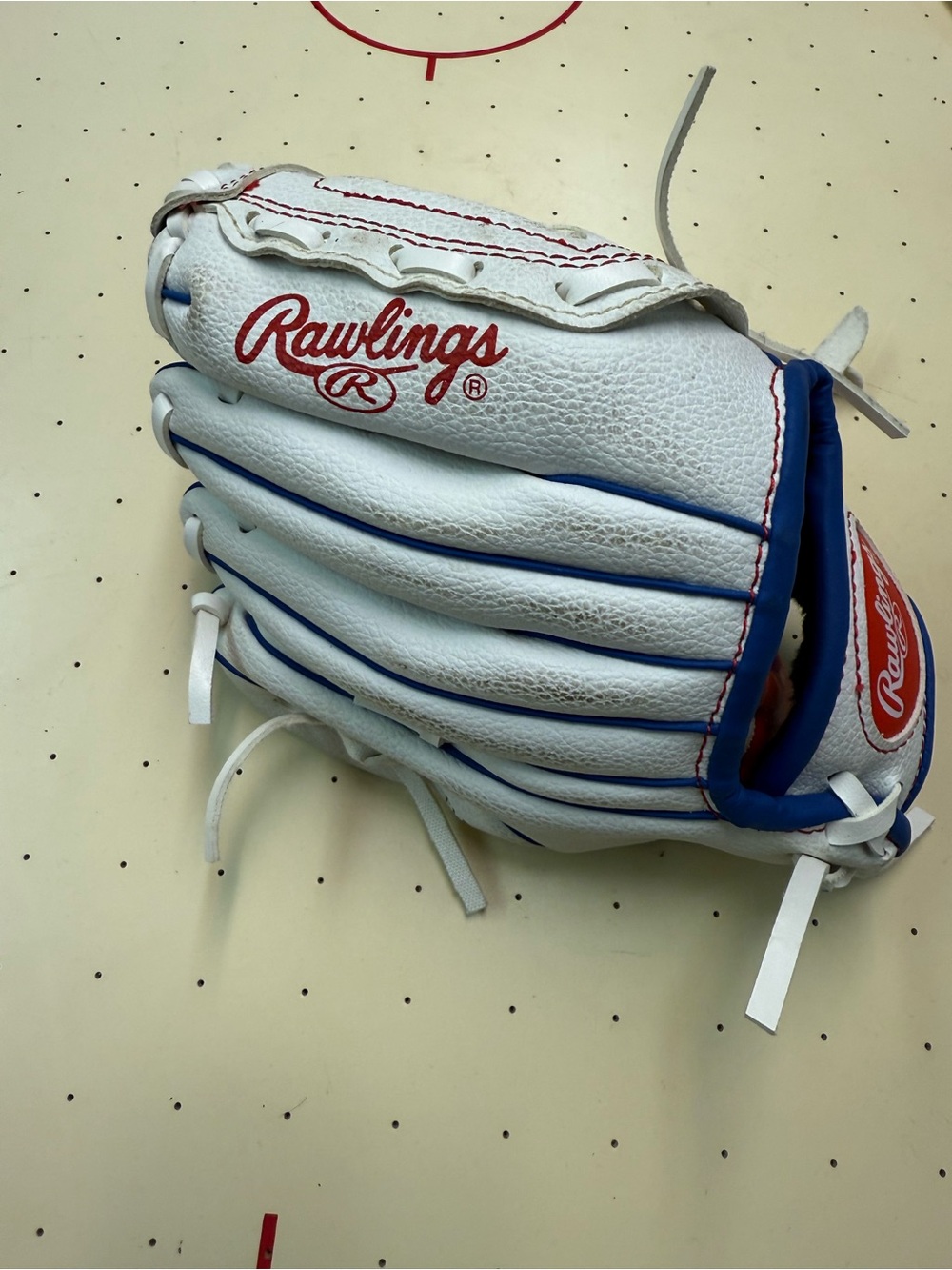 Rawlings White Baseball Glove with Blue Trim and Red Logo